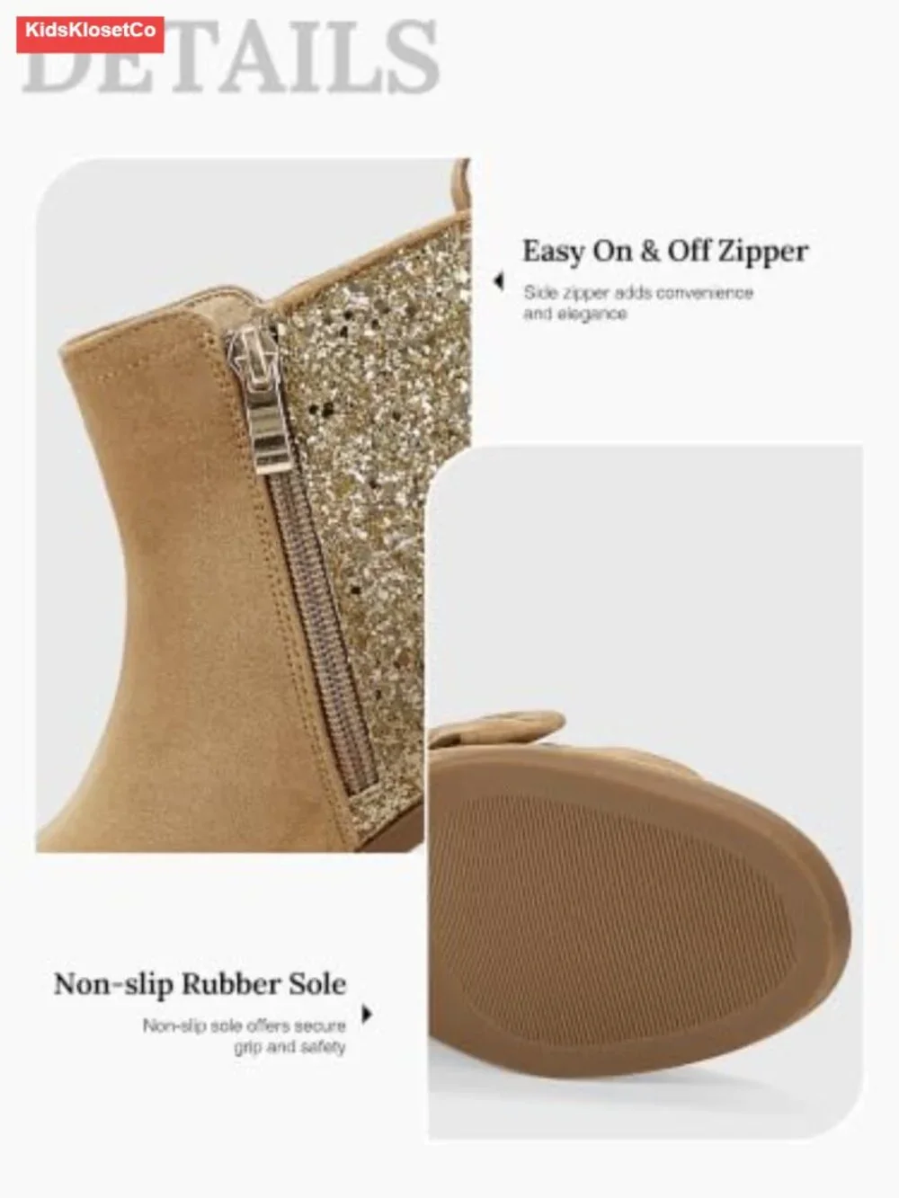 Girls Bow Glitter Ankle Boots Side Zipper Low Heel Dress Shoes